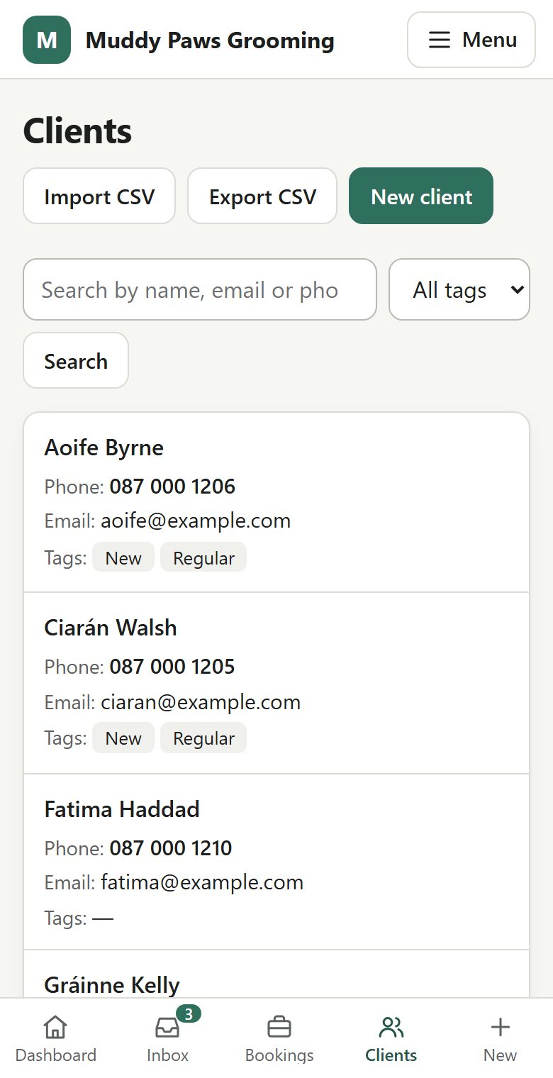 The portal's customer list on a phone, with search, import and export buttons