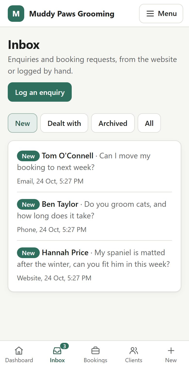 The portal's inbox on a phone, listing three new enquiries from the website, by phone and by email