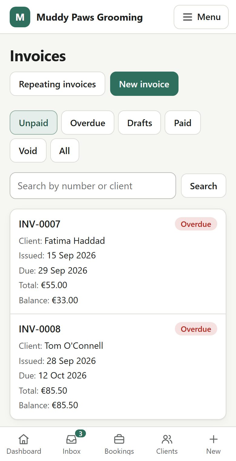 The portal's invoice list on a phone, two overdue invoices showing the amount still owed