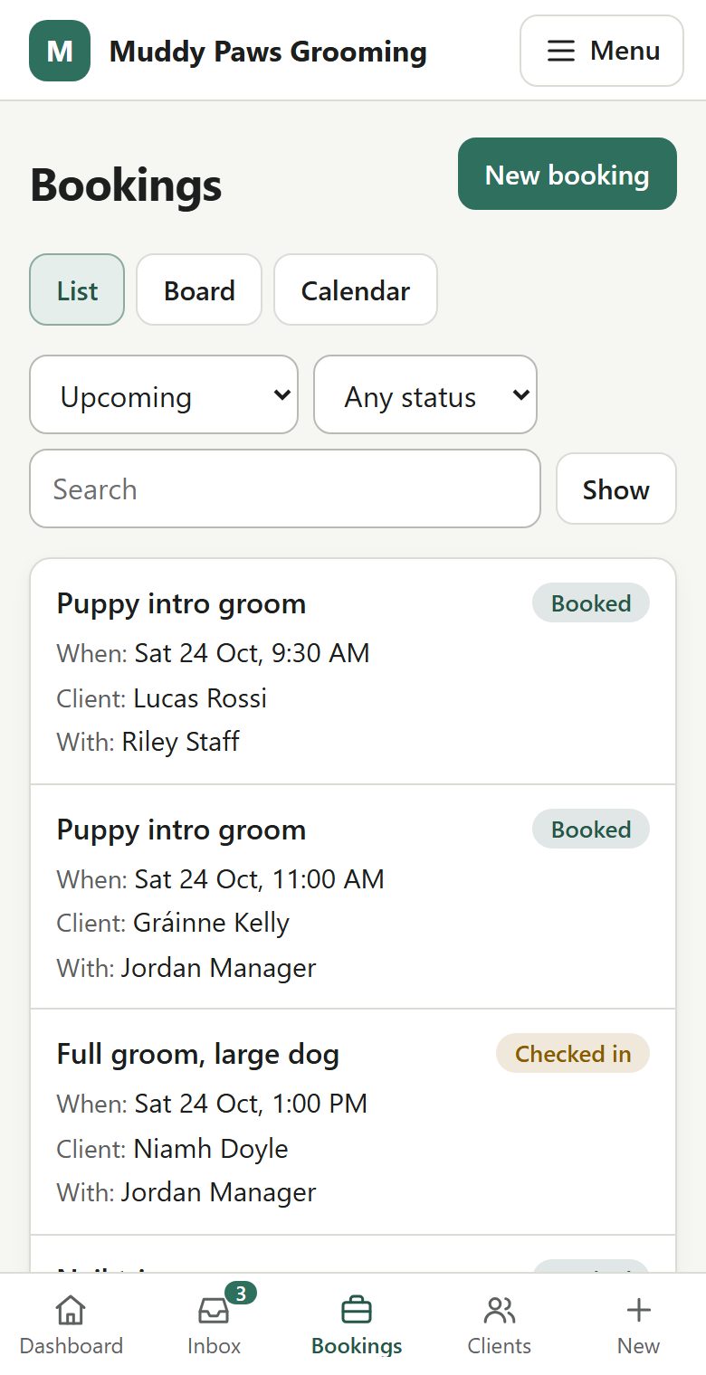 The portal's list of upcoming bookings on a phone, with who each is for and who is doing it