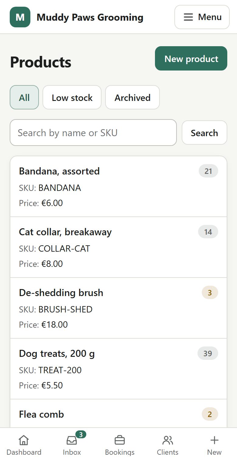 The portal's product list on a phone, with stock counts and prices