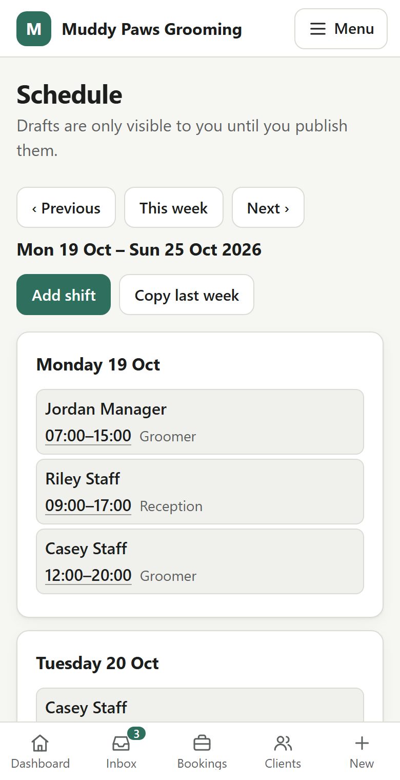 The portal's weekly schedule on a phone, showing each person's shift on Monday